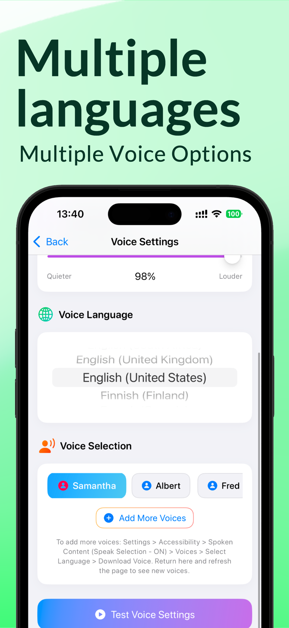 Multiple languages and voice options