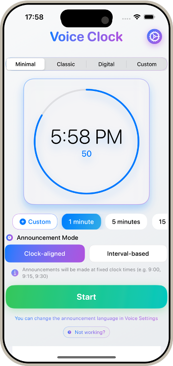 Voice Clock Time Speaker App Interface